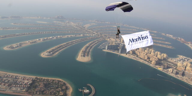 The company MonViso has their company logo flown above the Palm Jumeriah Island on Thursday, March 8, 2018. The flag demo jump was done to celerbrate the collaboration between the two companies. The demo jump ended at Skydive Dubai's Palm DZ.